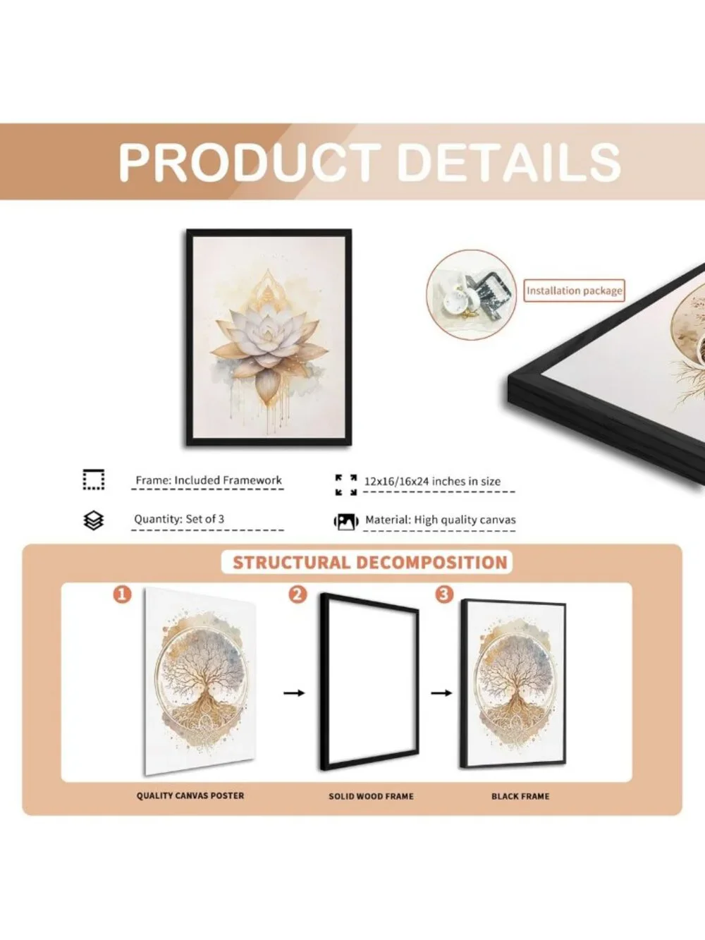 Set of 3 Modern Tree of Life Wall Art, Gold Lotus Zen Canvas Decor, Abstract Yin